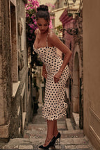 White Spaghetti Strap Sweetheart Neck Polka Dot Ruffle Hem Midi Dress