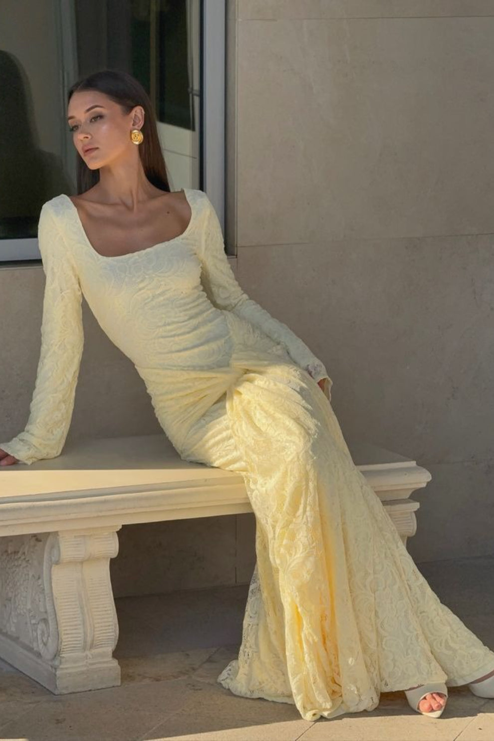 Square Neck Long Sleeve Floral Lace Front Knot Drape Panel Maxi Dress