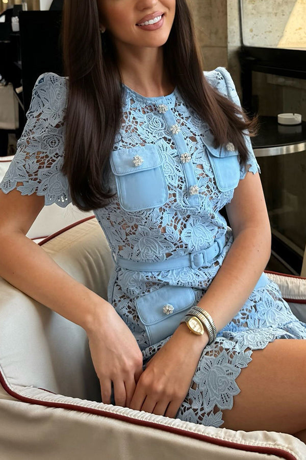 Floral Lace Pearl Jewel Button Four Pocket Belted Mini Dress