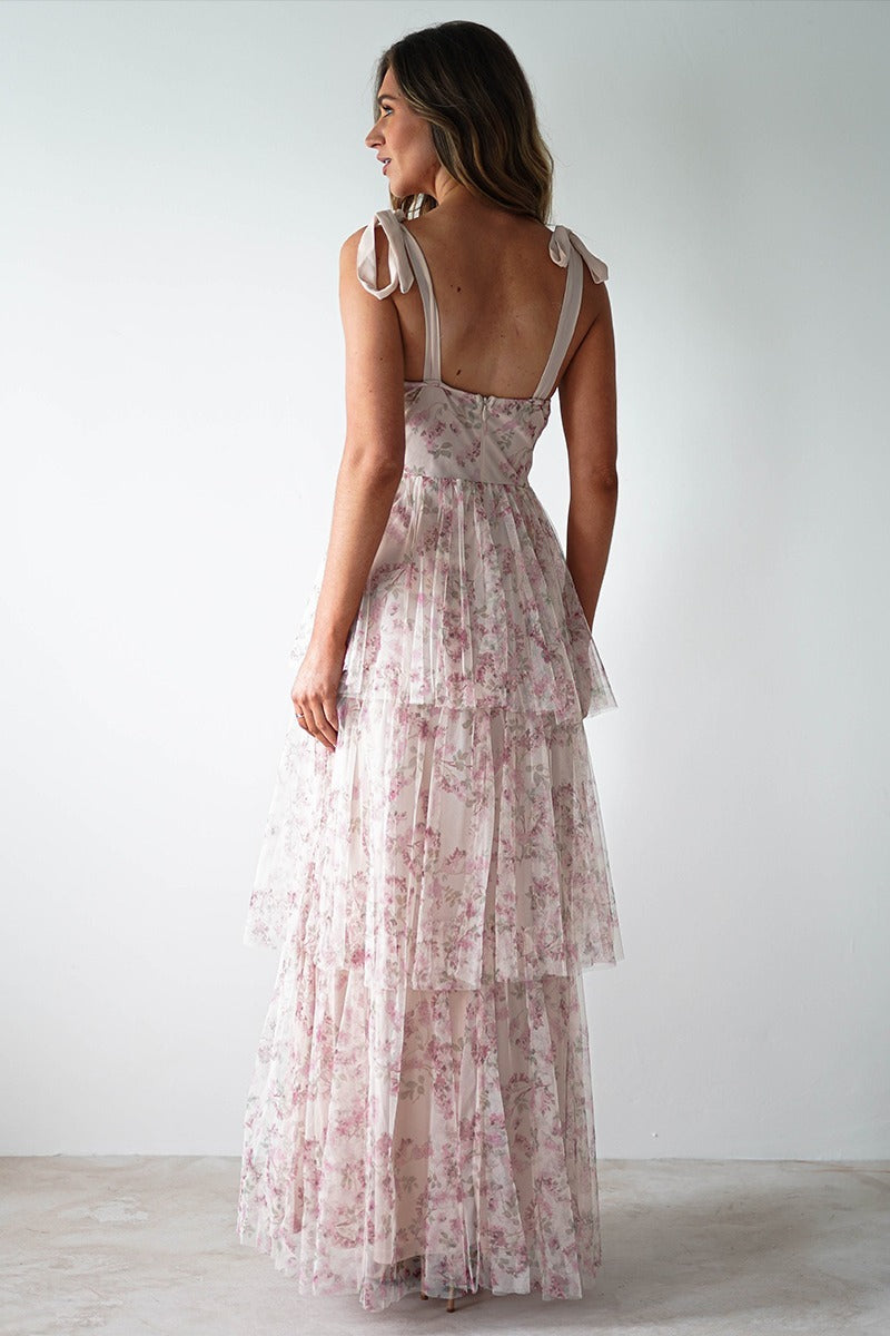 Pink Sweetheart Corset Bow Shoulder Strap Tiered Ruffle Maxi Dress