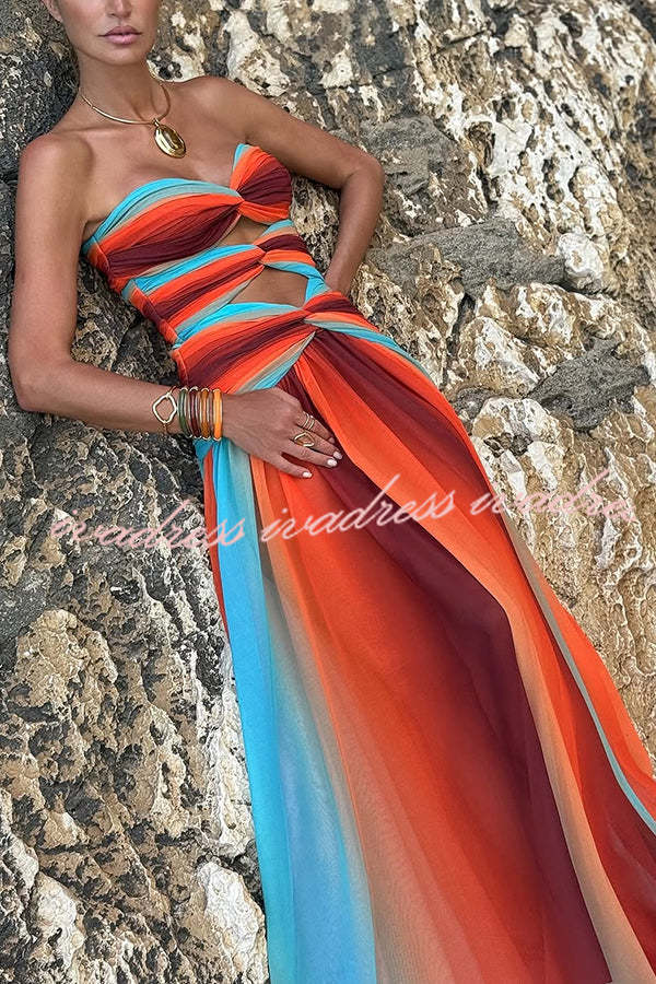 Sardinia Sunset Mesh Printed Twist Cutout Off Shoulder Vacation Maxi Dress