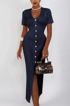 V-Neck Ribbed Knit Pearl Button Short Sleeve Bodycon Midi Sweater Dress