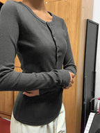 Solid Color Ribbed Button Slim Long Sleeve Knit