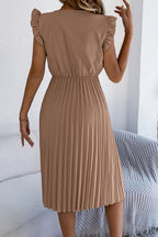 Solid Color V-neck Lace-trimmed Sleeveless Casual Pleated Midi Dress