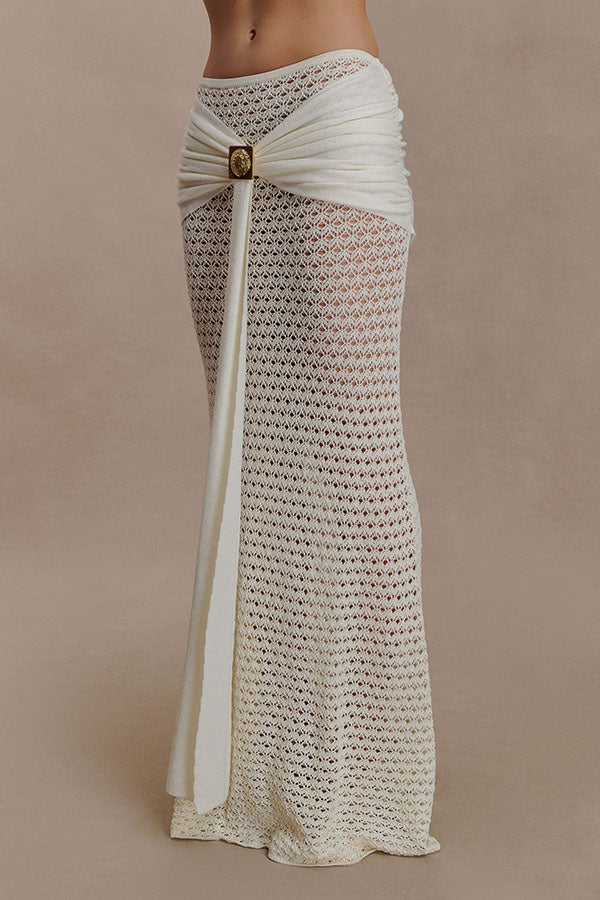 Mania Knit Hardware Detail Bell Sleeve Crop Top and Gathered Overlay Sash Stretch Maxi Skirt Set
