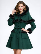Faux Fur Trimmed Belted Wool Blend coat With Hooded Cape For Women 2026
