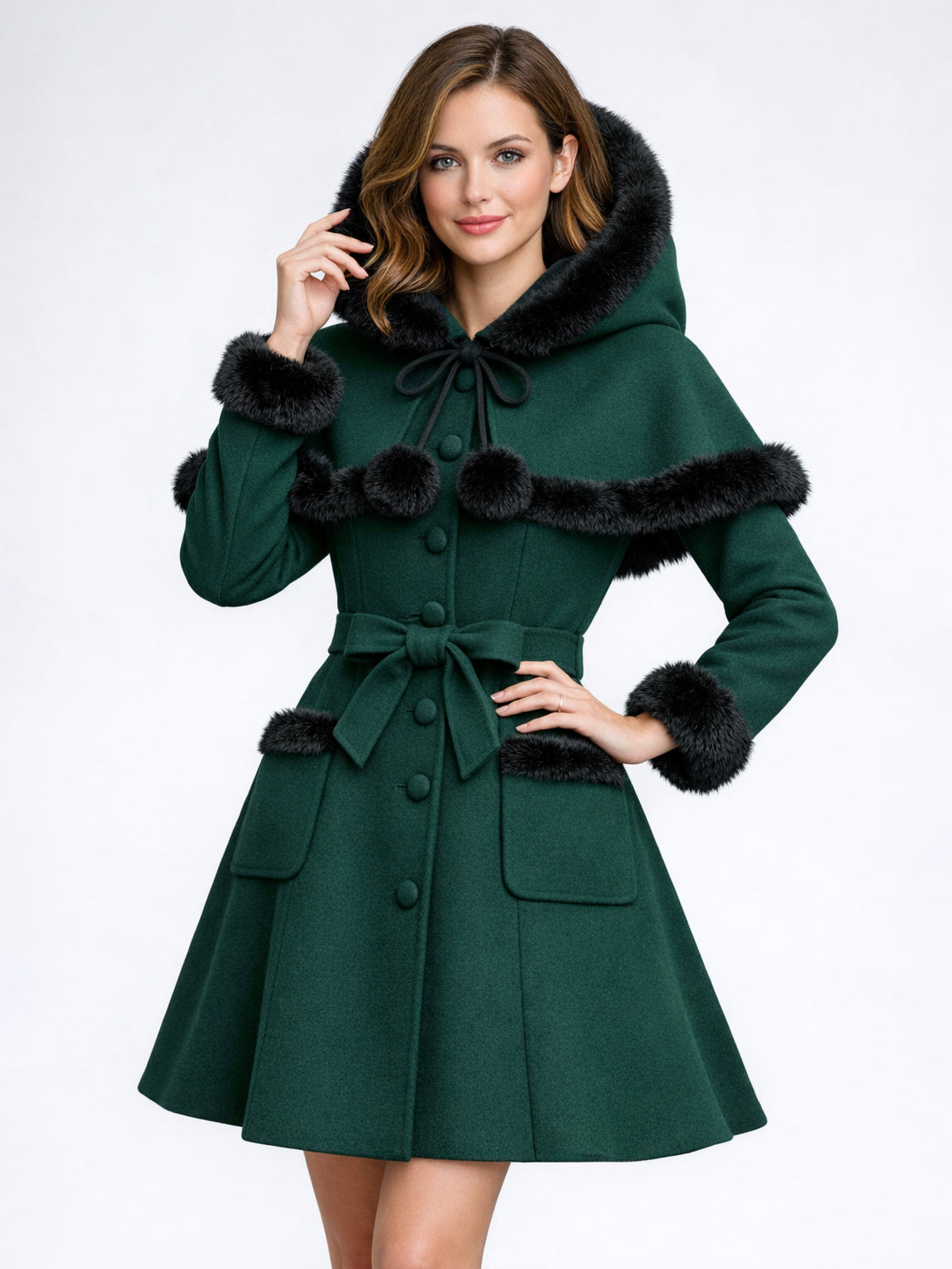 Faux Fur Trimmed Belted Wool Blend coat With Hooded Cape For Women 2026