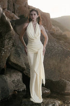 Plunging Halter Cowl Neck Ruched Side Sash Drape Maxi Dress