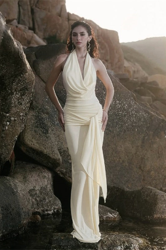 Plunging Halter Cowl Neck Ruched Side Sash Drape Maxi Dress