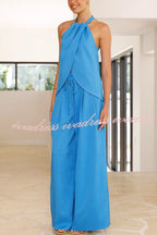 Gette Linen Blend Slit Front Top and High Rise Knoted Pocket Wide Leg Pants Set