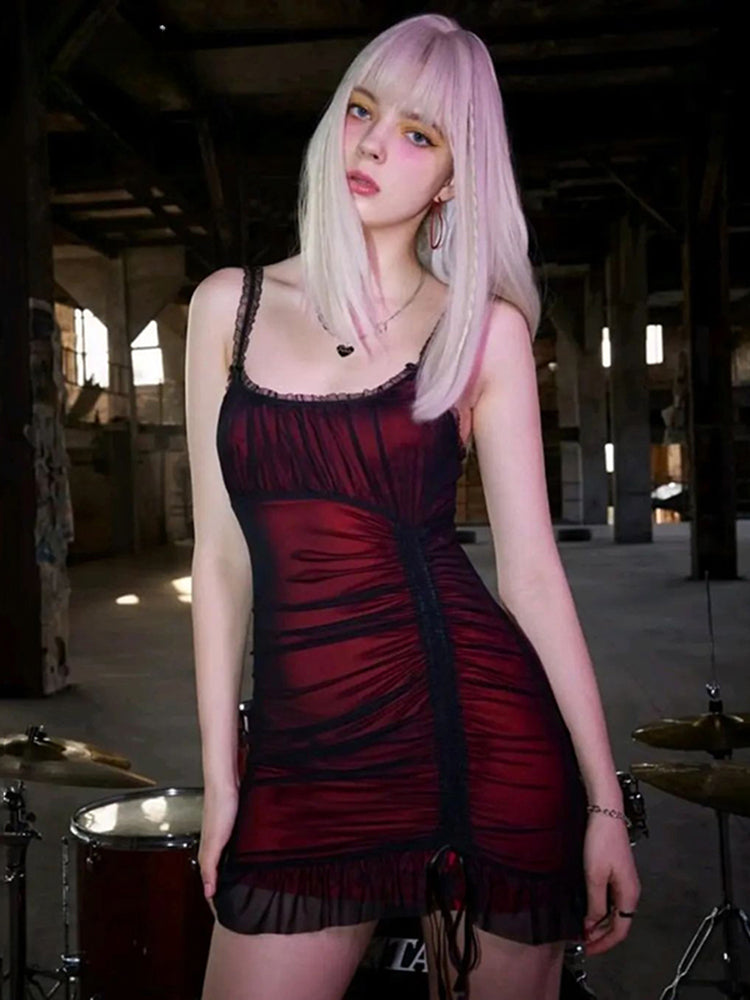 Mesh Overlay Lace Trim Ruched Spaghetti Strap Bodycon Mini Dress