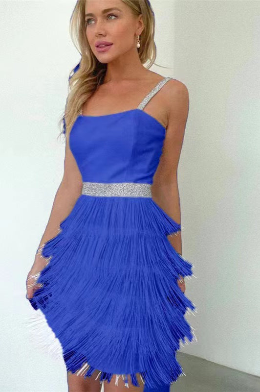 Square Neck Rhinestone Strap Tiered Fringe Mini Cocktail Dress