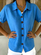 Button-up Cotton Linen Solid Color Short-sleeved T-shirt