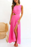 Sleeveless Cut Out Waist High Slit Maxi Swing Dress