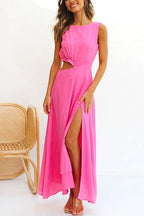 Sleeveless Cut Out Waist High Slit Maxi Swing Dress