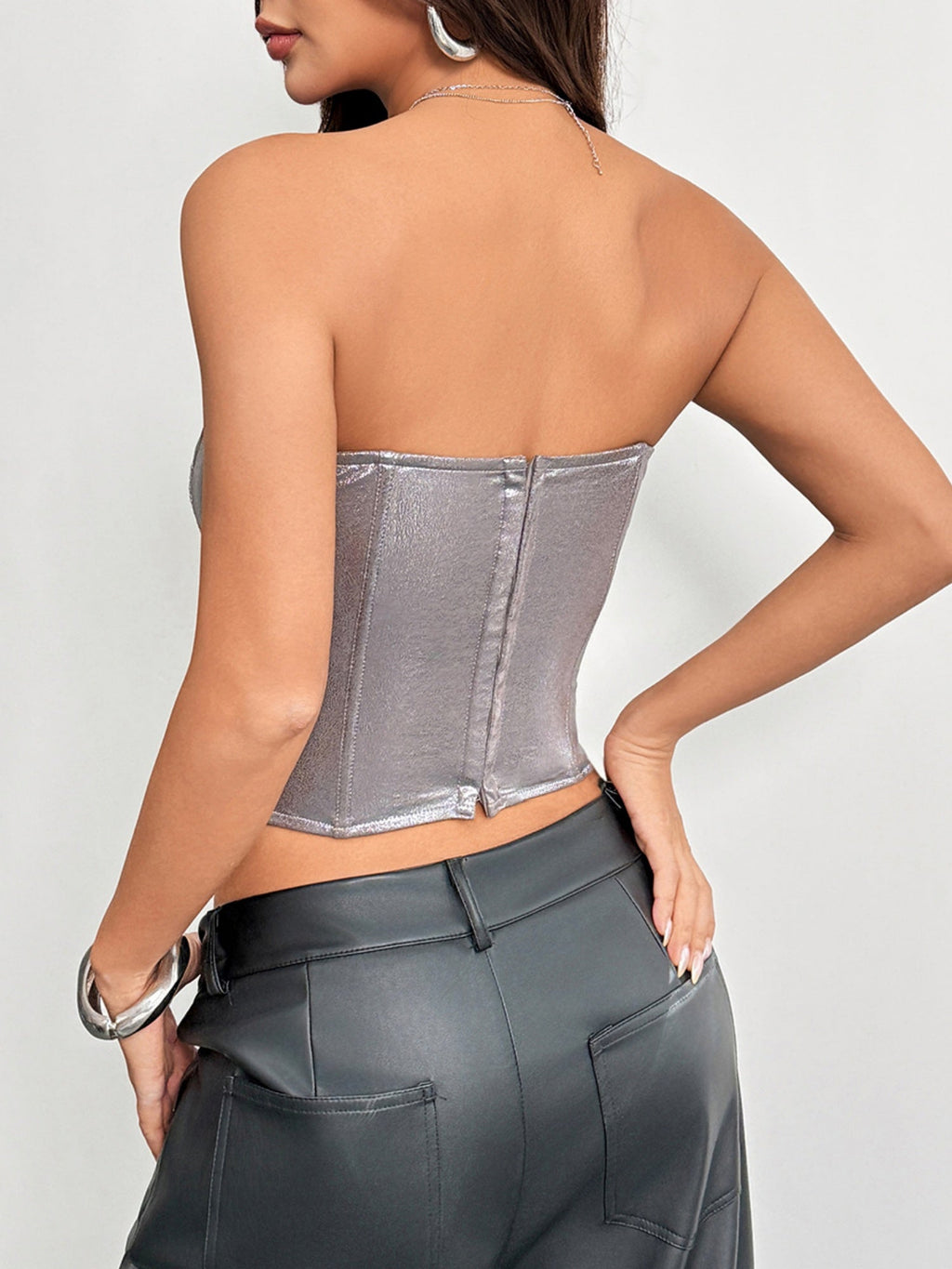 Leather Stitching Lace See-through Herringbone Buckle Backless Tube Top Tank Tops