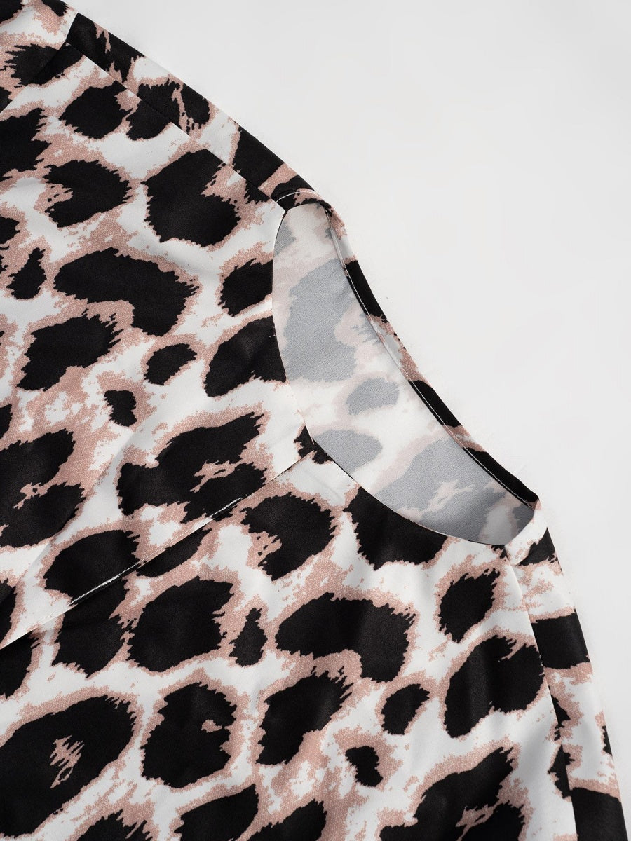 Three-quarter Sleeve Collar Leopard Print T-shirts