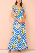 Square Collar Puff Sleeves High Waist Floral Print Maxi Dress