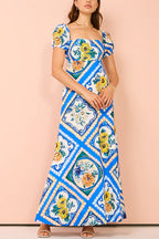 Square Collar Puff Sleeves High Waist Floral Print Maxi Dress
