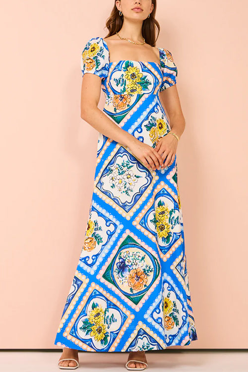 Square Collar Puff Sleeves High Waist Floral Print Maxi Dress