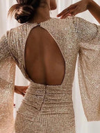 V-neck Bodycon Short Dress With Asymmetrical Hem And Sequins