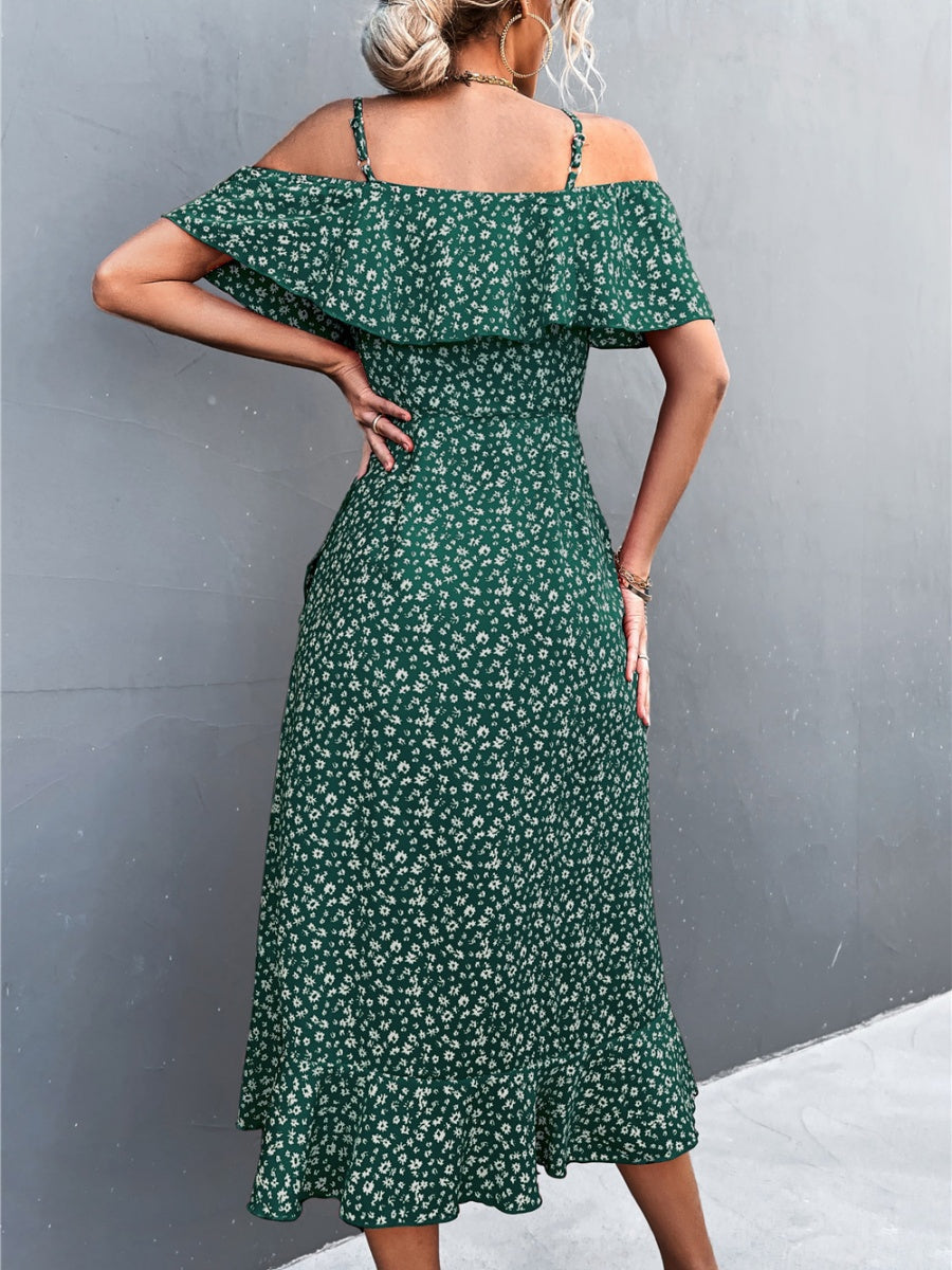 Off-the-shoulder Floral Print Sundress With Ruffles, Midi Length