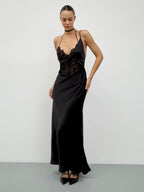 Black Lace Open Backless Halter High-waisted Long Dress