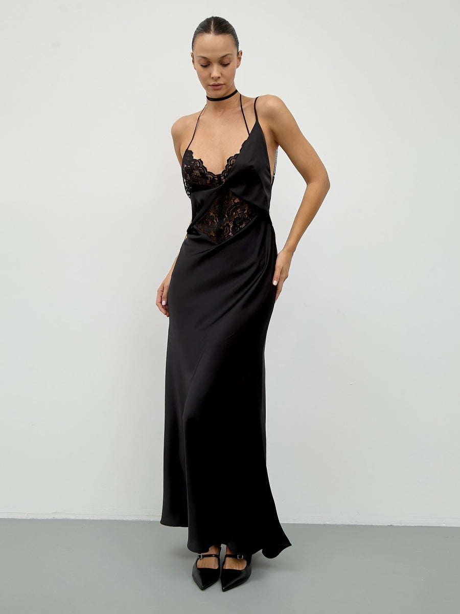 Black Lace Open Backless Halter High-waisted Long Dress