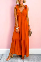 V Neck Bow Shoulder Sleeveless Ruffle Maxi Dress