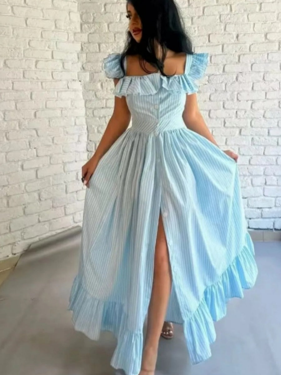 Square Collar Ruffle Button Slit Big Swing Sweet Maxi Dresses