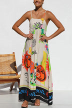 Tie Back Cut Out Graffiti Print Flowy Maxi Cami Dress