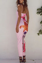 Spaghetti Strap Back Slit Lily Print Bodycon Maxi Dress