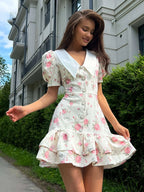 Waist Printed Floral Lapel Puff Sleeve Sweet Mini&Short Dresses