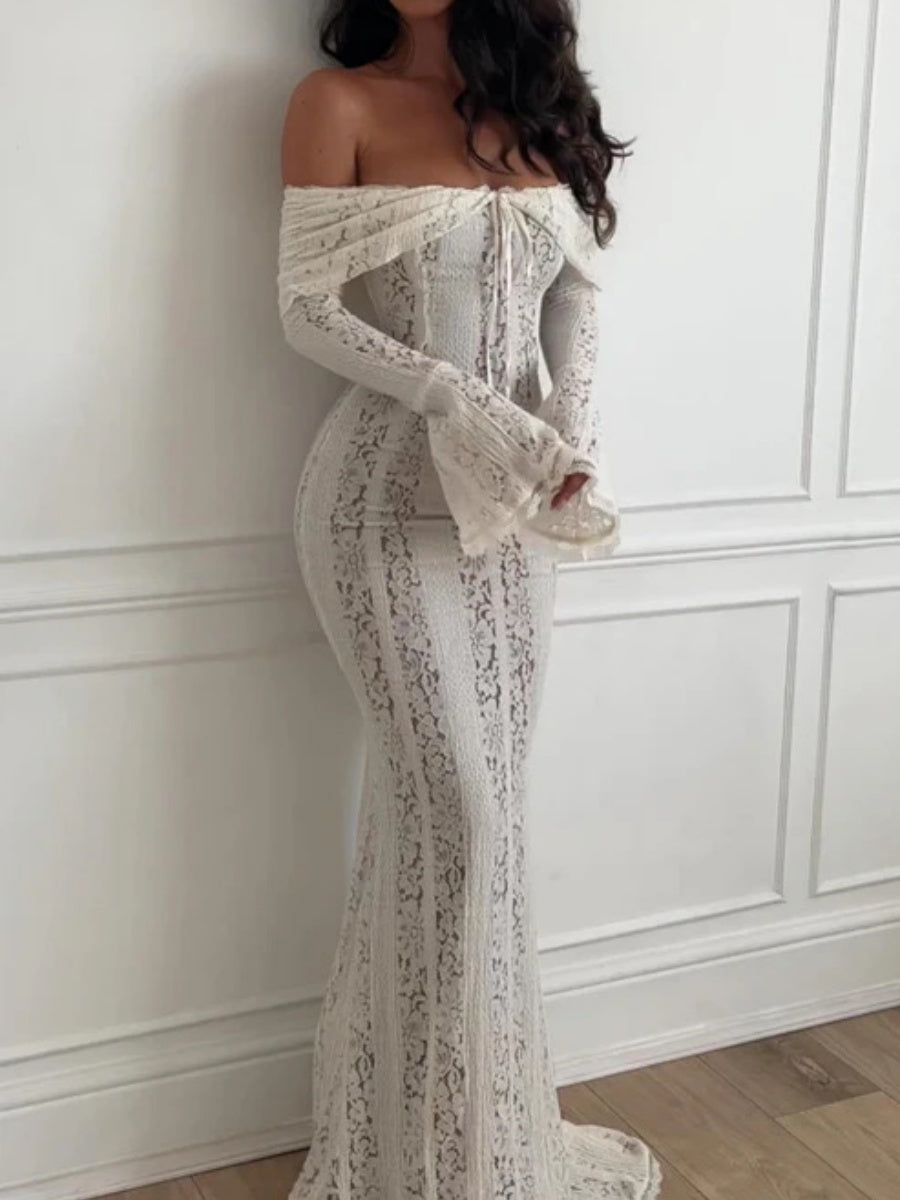 Lace Hollow Off Shoulder Flared Sleeves Hip-hugging Maxi Dresses
