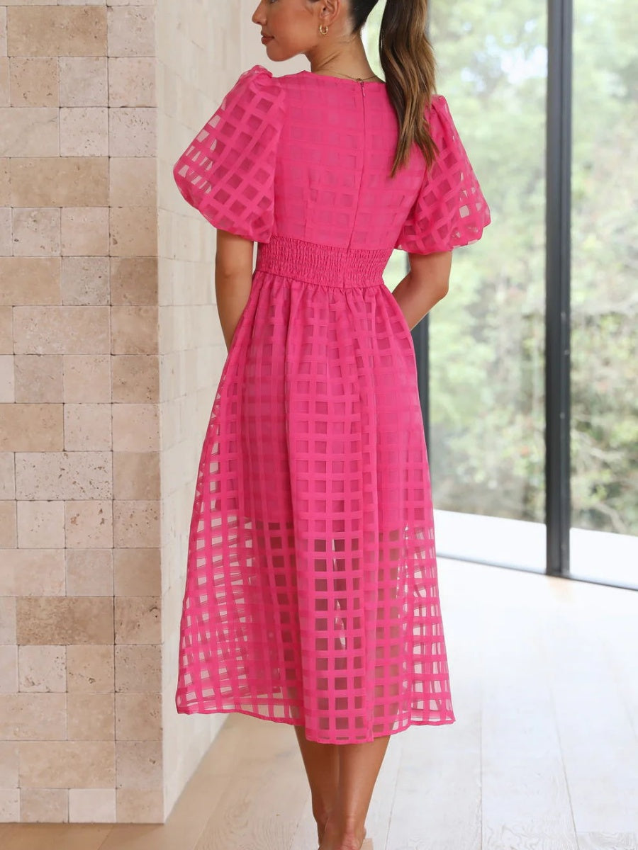 Balloon Sleeve Color Hollow Temperament Midi Dresses
