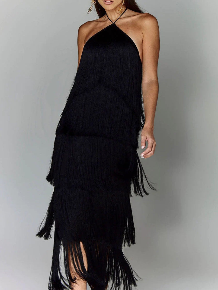 Halter Tassel Backless Cross Maxi Dresses