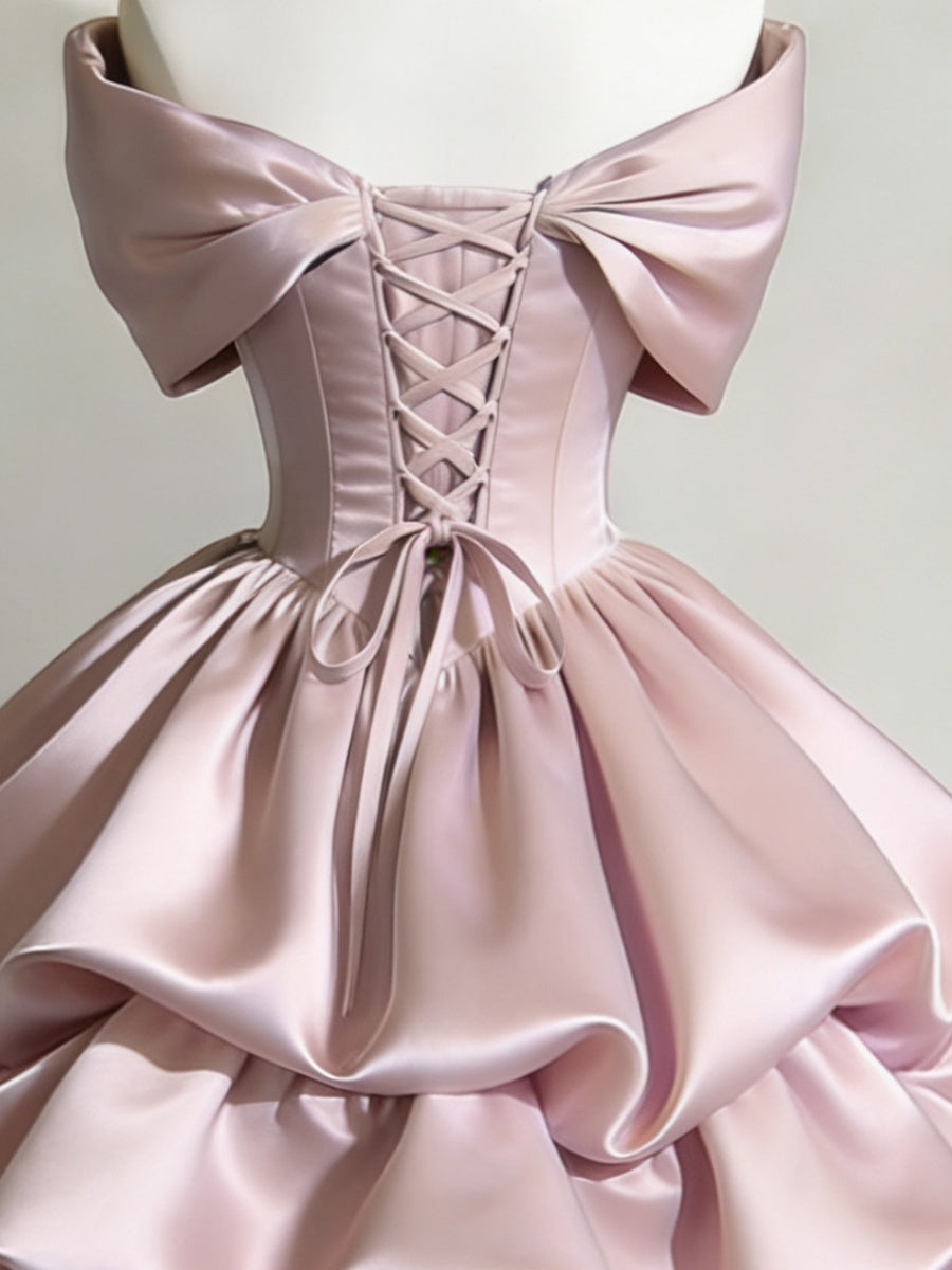 Satin Off-shoulder Bow Design Multi-layered Short Dress