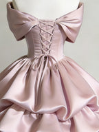 Satin Off-shoulder Bow Design Multi-layered Short Dress