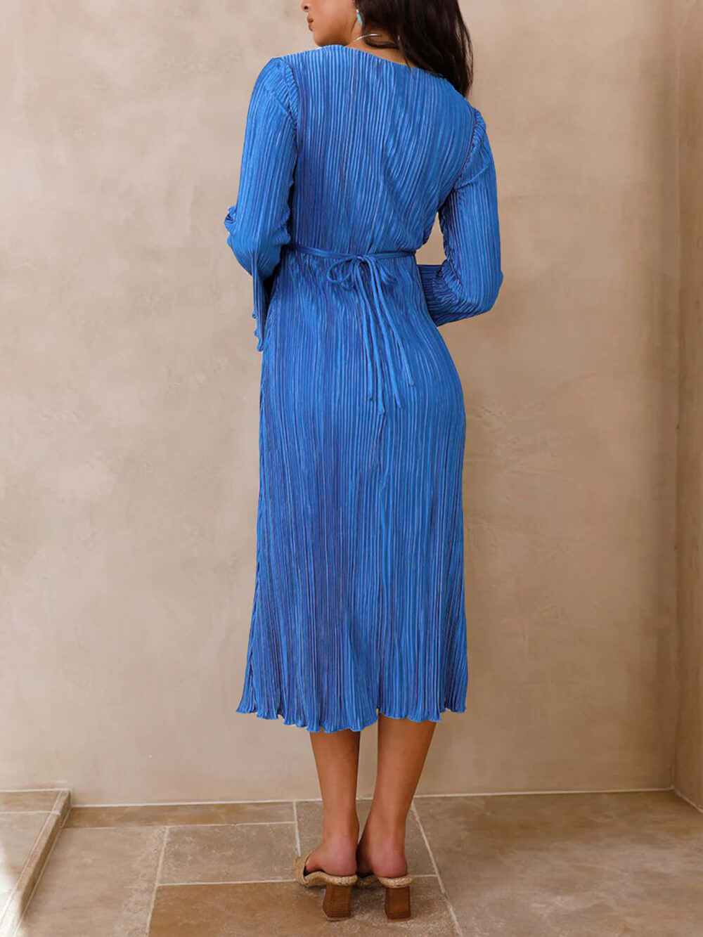 Lace-Up Plunging V-Neck Pleated Long Sleeve Empire Midi Dress