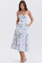 Sweetheart Bustier Wide Strap Floral Tiered Ruffle Midi Dress