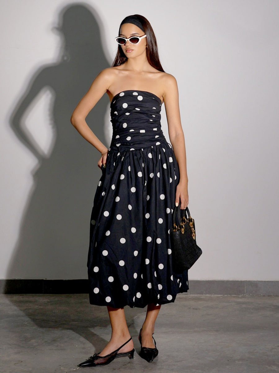 Polka Dot Pleated Strapless High-waisted Dress
