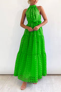 Mockneck Tie Waist Ruffle Tiered Plaid Mesh Maxi Swing Dress