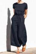 Short Sleeve High Waist Wide Leg Slouchy Jumpsuit