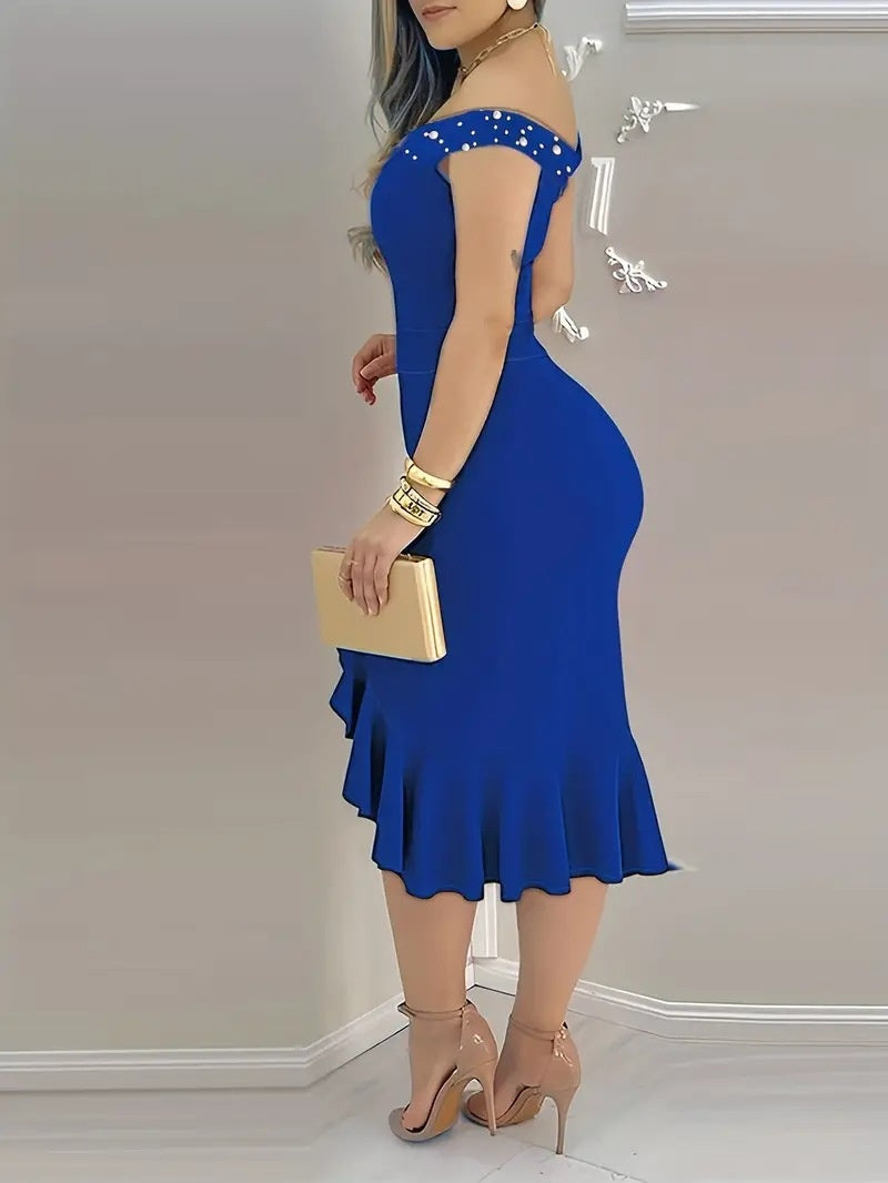 Bodycon, Off-the-shoulder, Ruffled Midi Dress