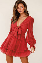 Tie Front Puff Sleeve Smocked Waist Tiered Ruffle Mini Set