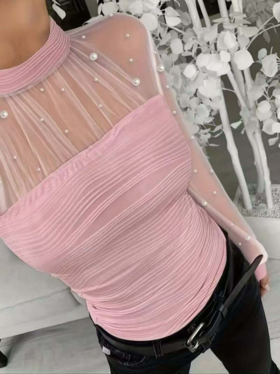 Beading Gathering Gauze T-shirt Sheer Tops