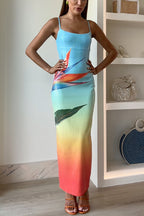 Back Slit Gradient Printed Sequin Maxi Cami Dress