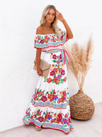 Off-the-shoulder Red Floral Print Maxi Dress