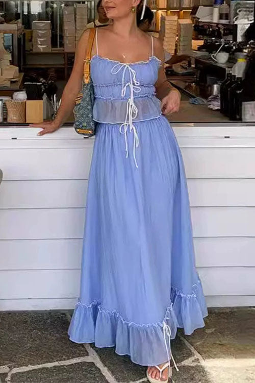 Frill Trim Bow Crop Cami Top and Ruffle Maxi Skirt Set
