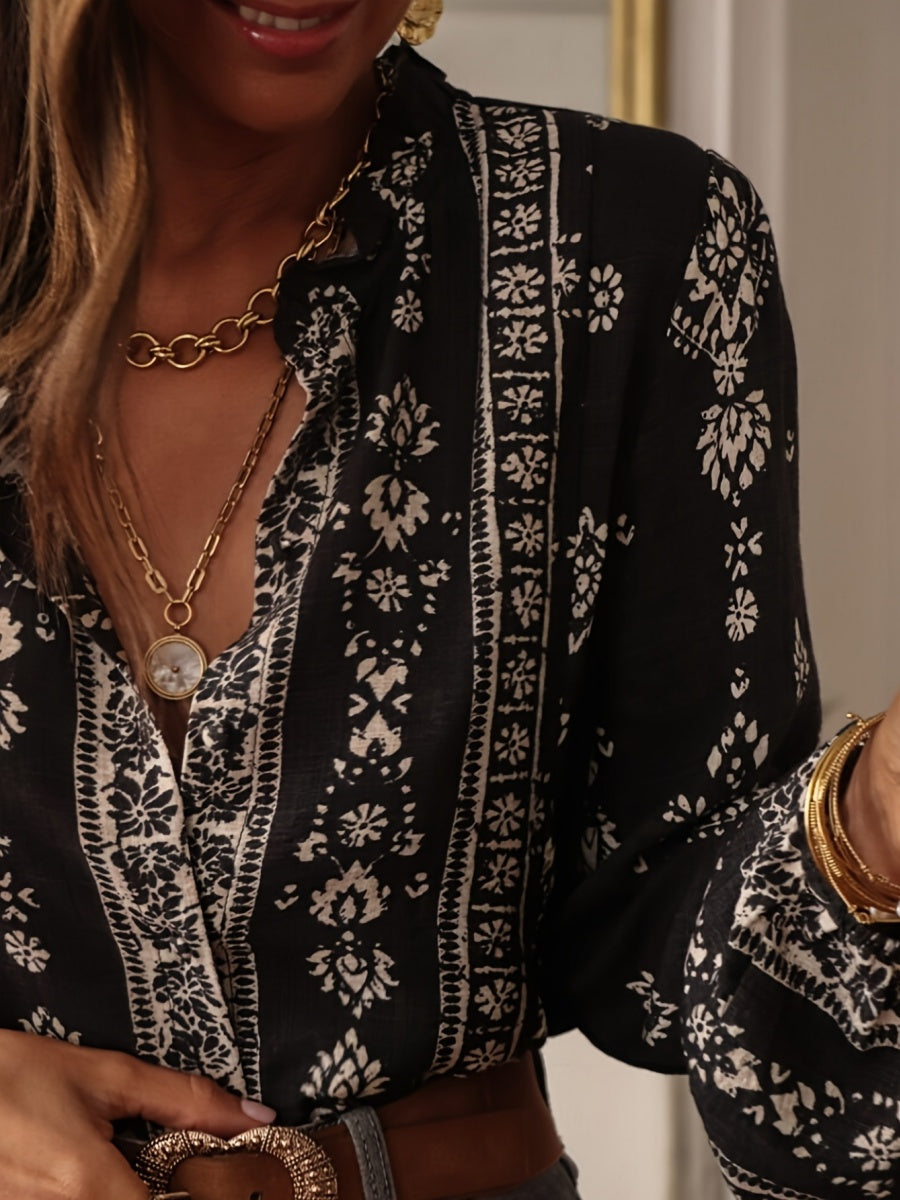 Geometric Print V-neck Long-sleeved Shirt